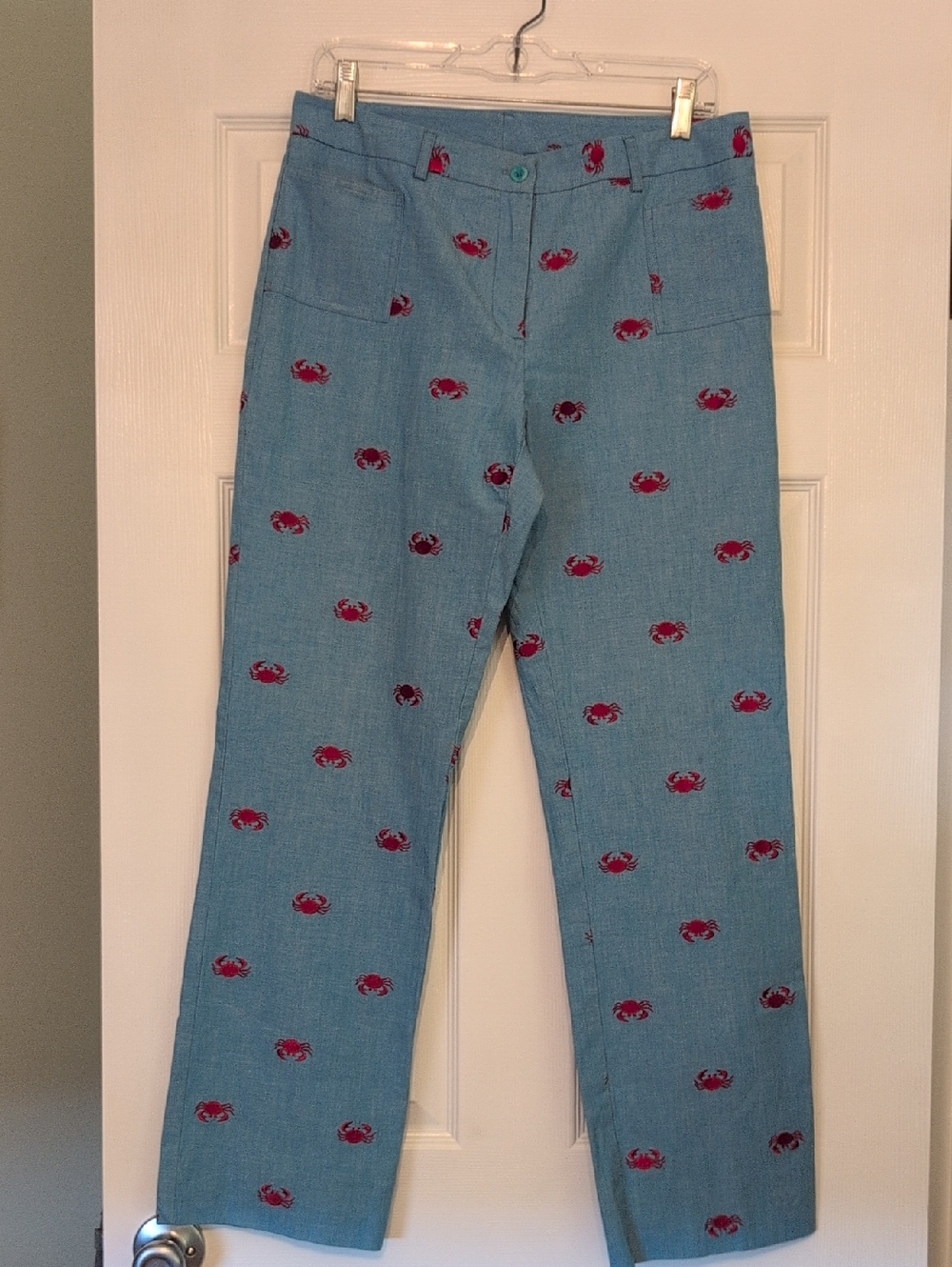 Lilly Pulitzer Light Blue Pants with Red Crab Embroidery Women's 10